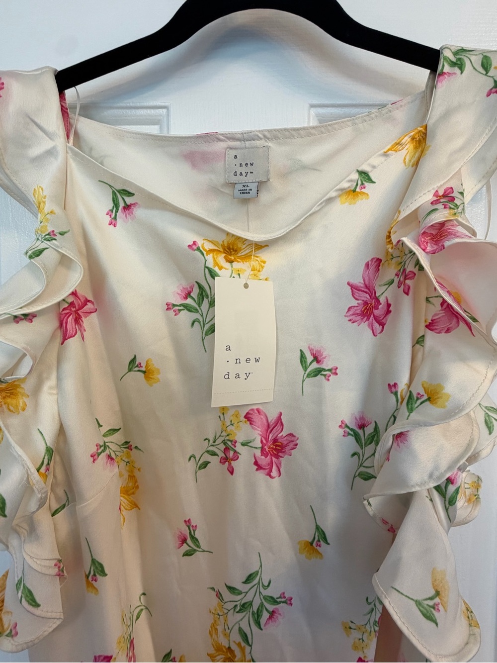 A New Day Floral Midi Dress XL Ruffle Sleeve Cream Spring Summer NWT - Picture 5 of 10